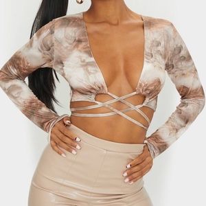 PLT Camel Soft Touch Tie Wrap Around Print Long Sleeve Crop Top